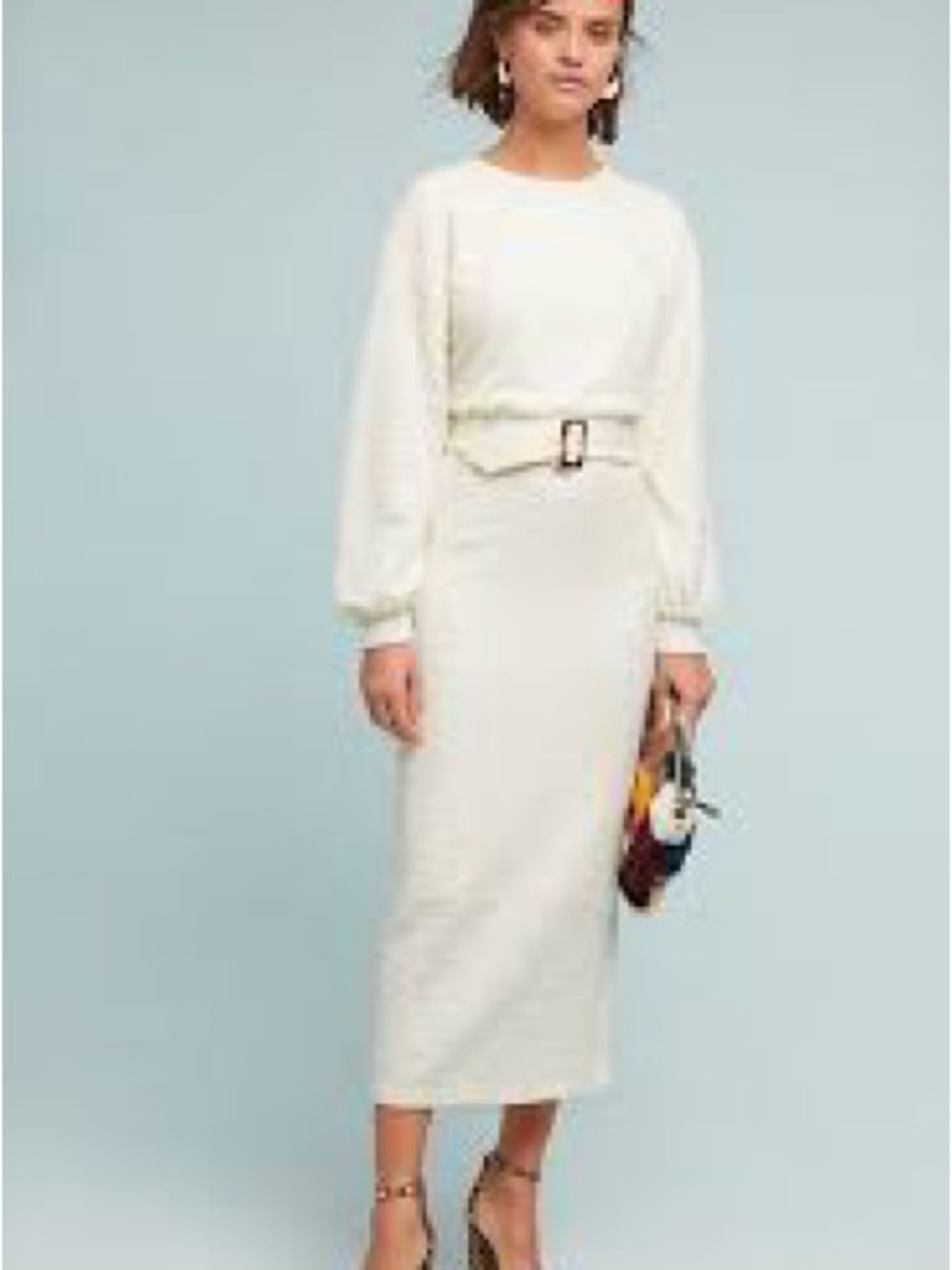 Anthropologie Ivory Long-Sleeve Belted Midi Dress